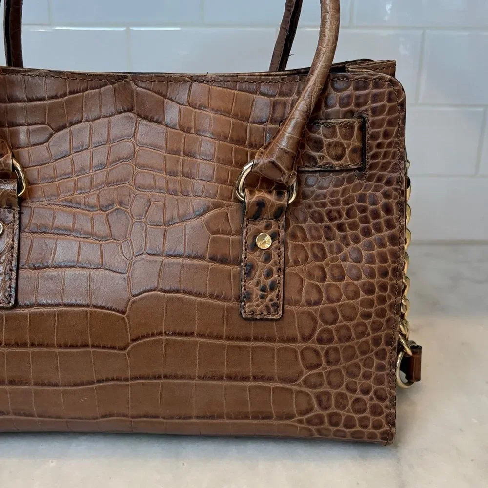 Michael Kors Bag Purse Handbag Croc Embossed Leather Brown Hamilton Tote Bag